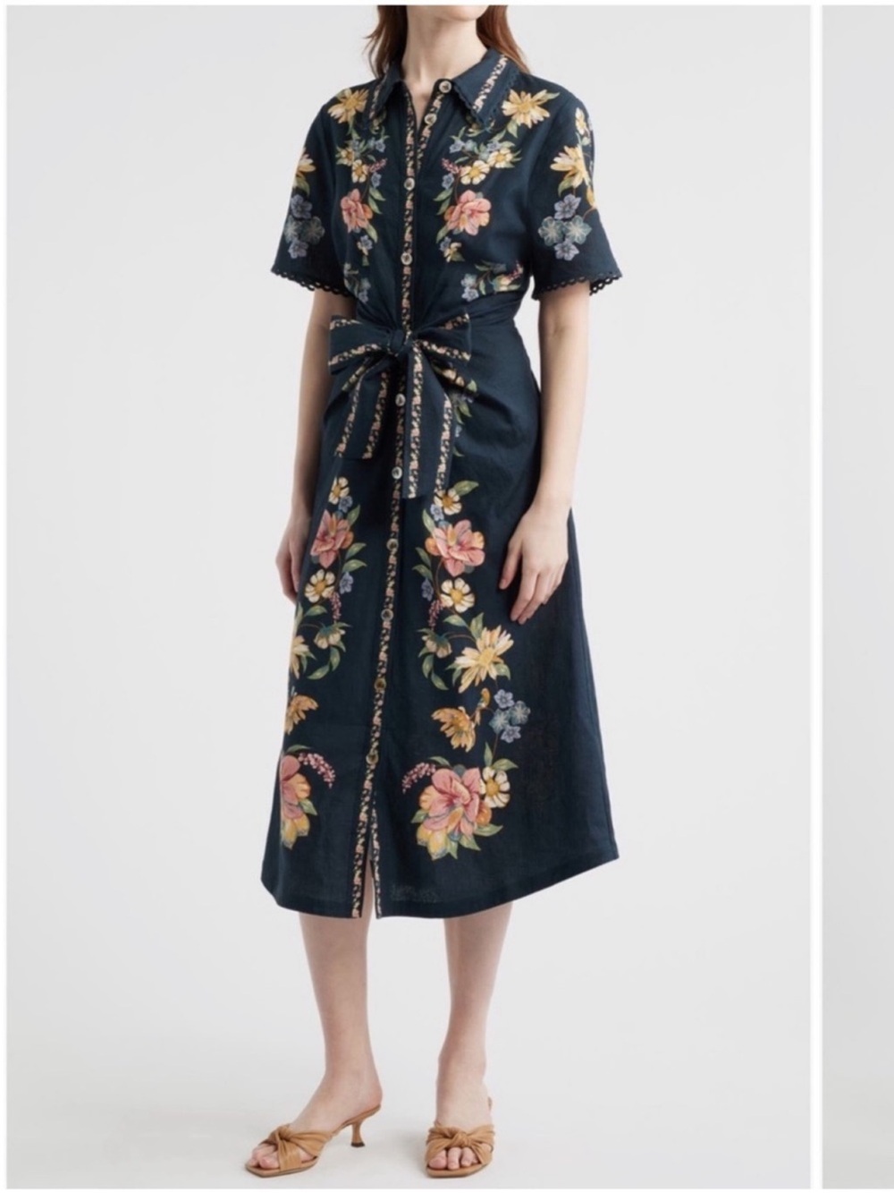 ✨NEW✨FARM RIO Maira Belted Floral Midi Dress Shirtdress Dark Navy Blue